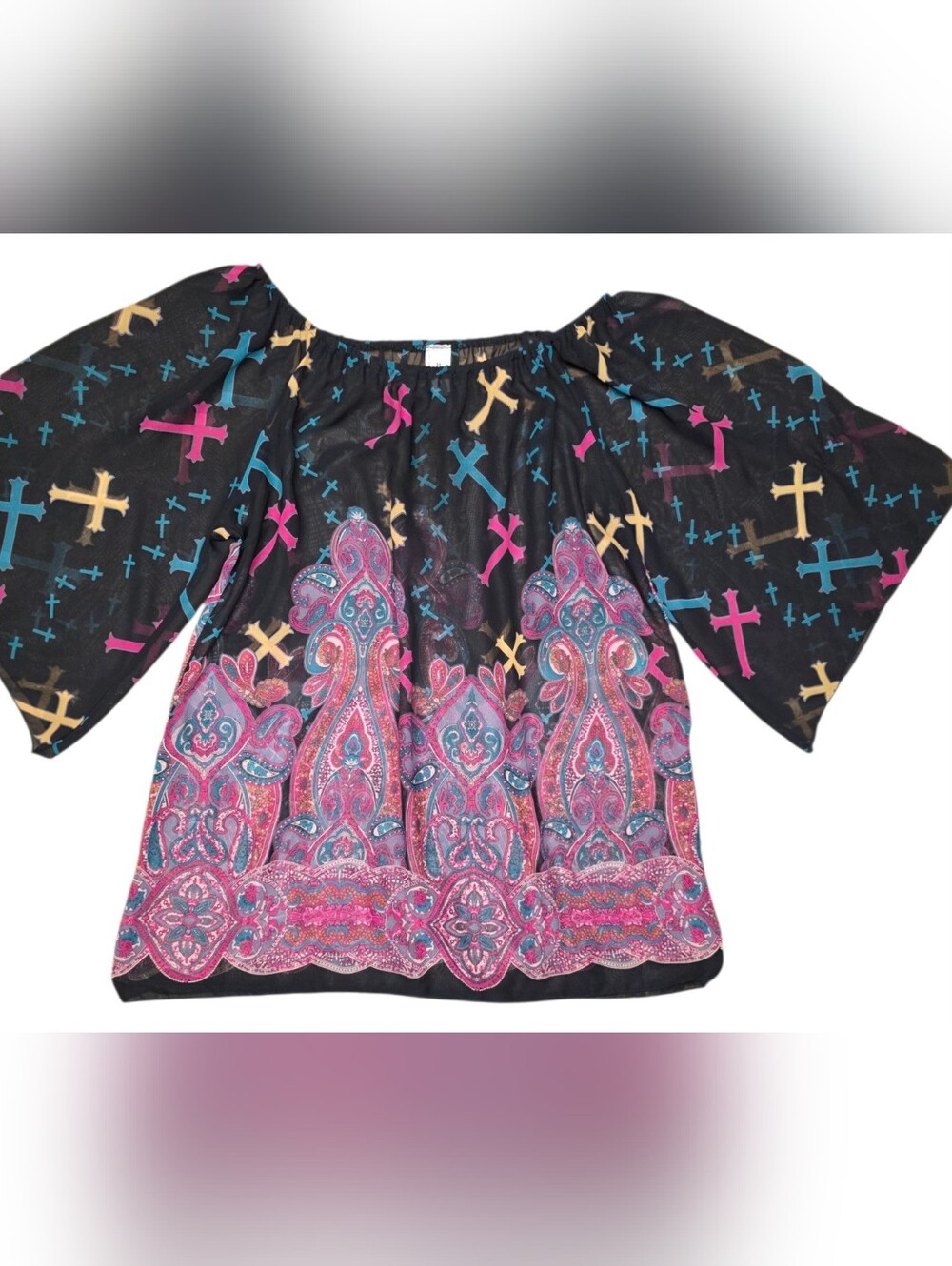 Sheer Top Crosses Vivid Colors Of Hot Pink, Yellow & Teal XL